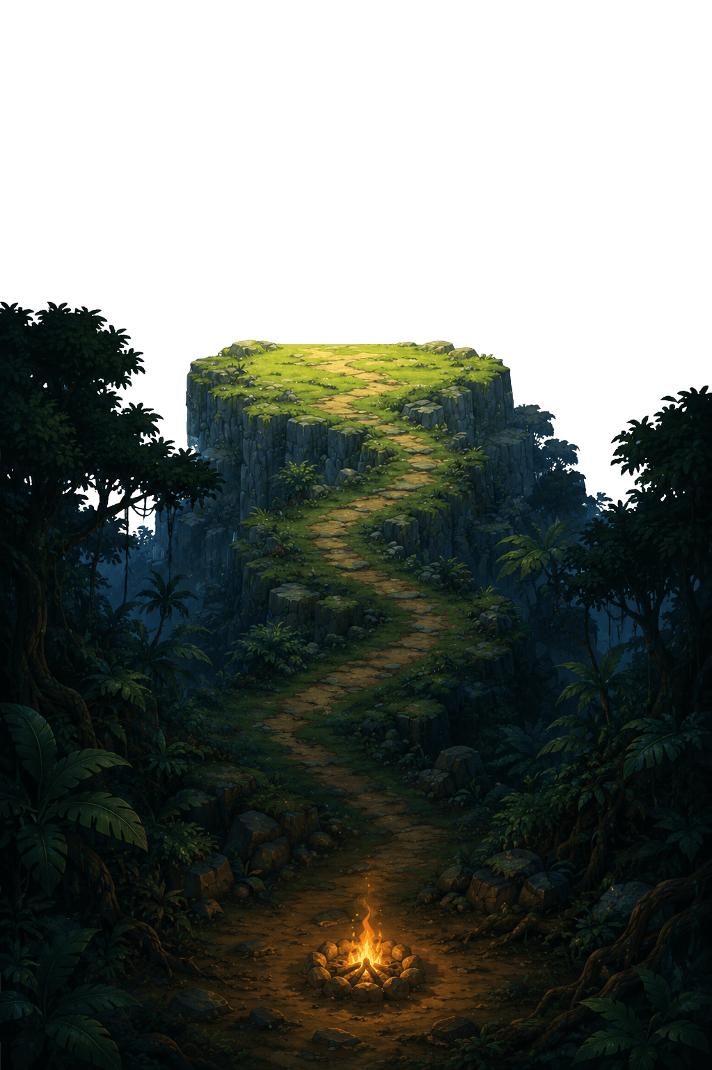 A winding jungle path climbing from a campfire at its base to a glowing plateau